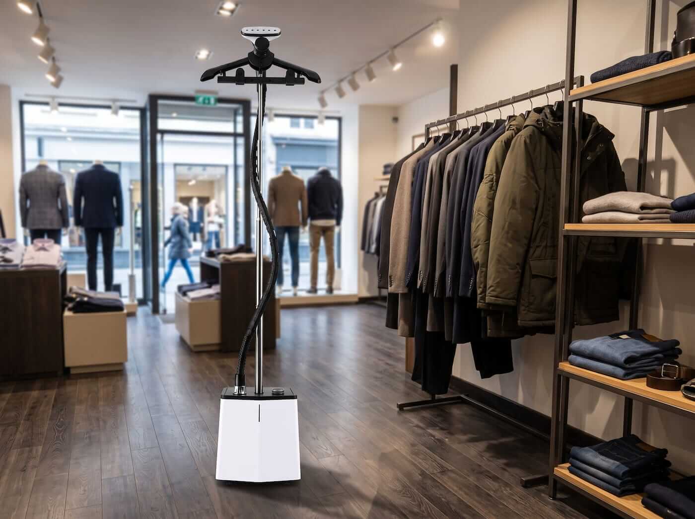 Défroisseur vapeur professionnel Gecko-Steamer HG38 en situation dans une boutique
